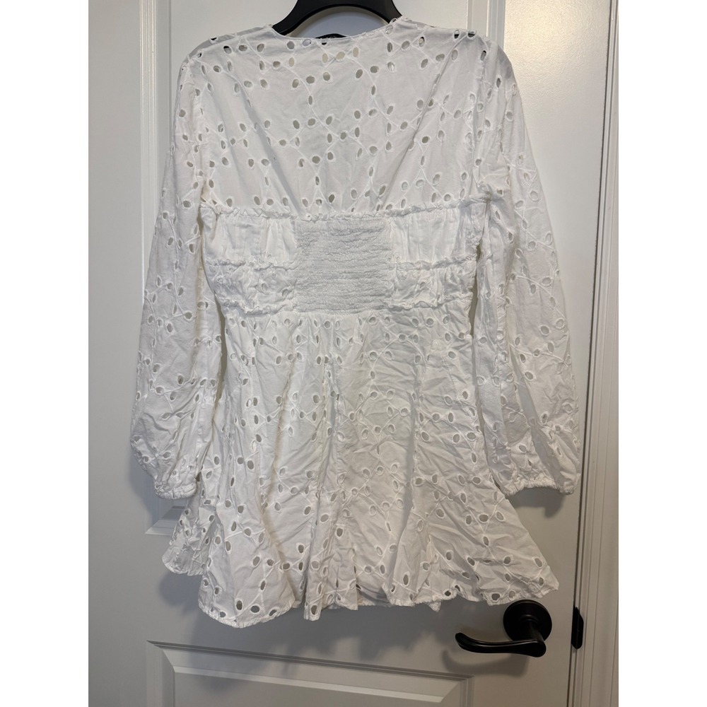 Zara Eyelet Mini Dress Women Large White Excellent Long Sleeve V-Neck Cotton - Picture 4 of 6